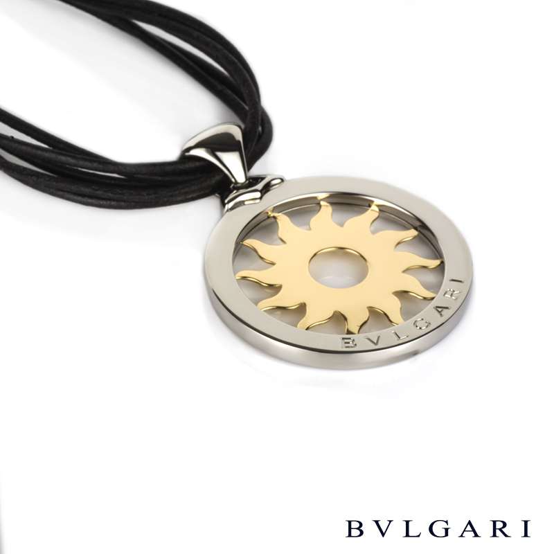 Bulgari Bvlgari Tondo Sun 18K Gold Steel Large Pendant Leather Cord Necklace